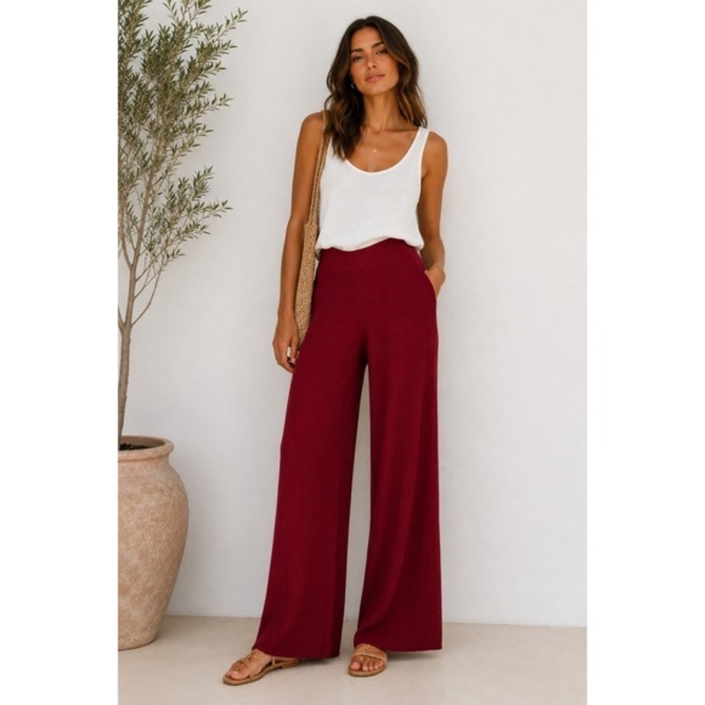 House of Harlow Ribbed Knit Wide Leg Pants Women L Red High Rise Comfort Travel
